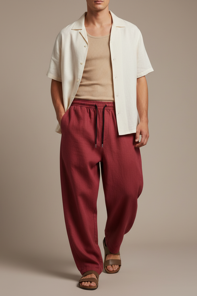 Pantalon Baggy Rouge Brique Ample Droit Lin Cordon - Bordeaux