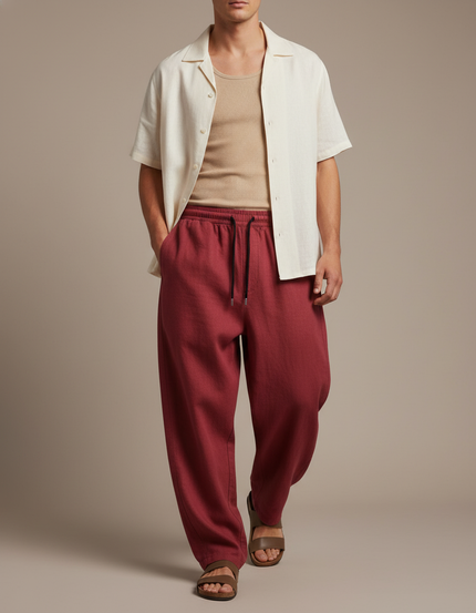 Pantalon Baggy Rouge Brique Ample Droit Lin Cordon - Bordeaux