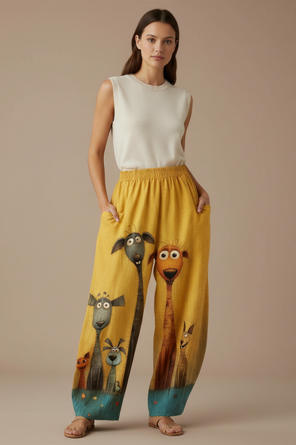 Pantalon Baggy Jaune Imprimé Animaux Ample Confortable - Lin