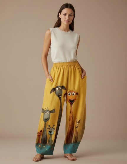 Pantalon Baggy Jaune Imprimé Animaux Ample Confortable - Lin