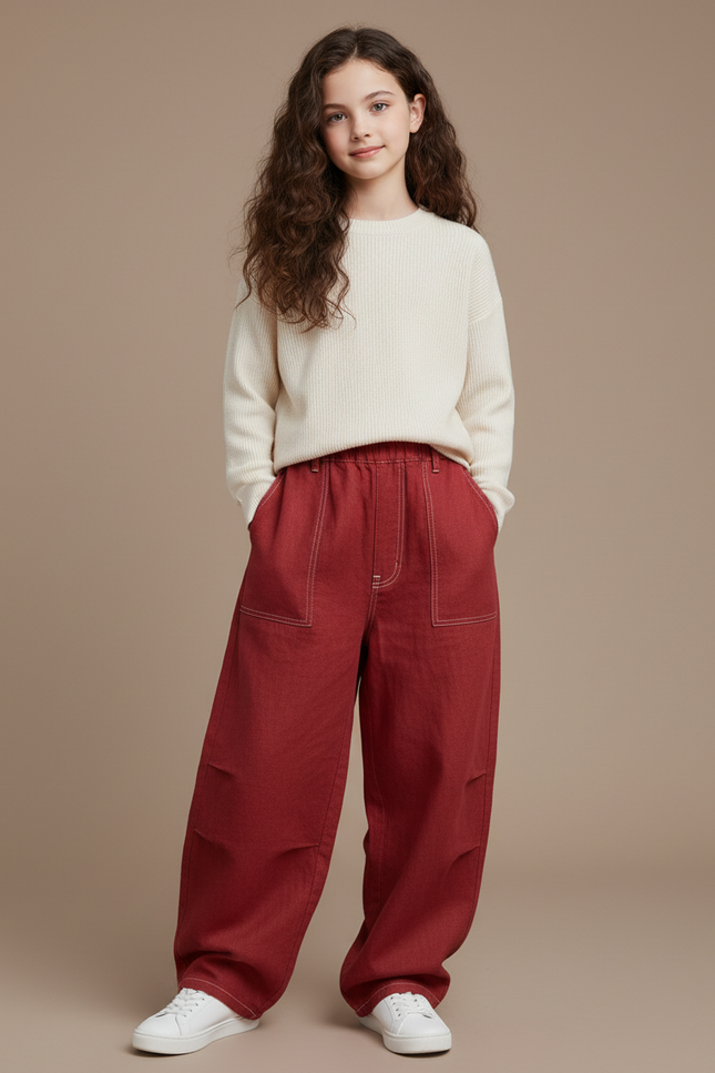 Pantalon Baggy Rouge Ample Coton Enfant - Bordeaux