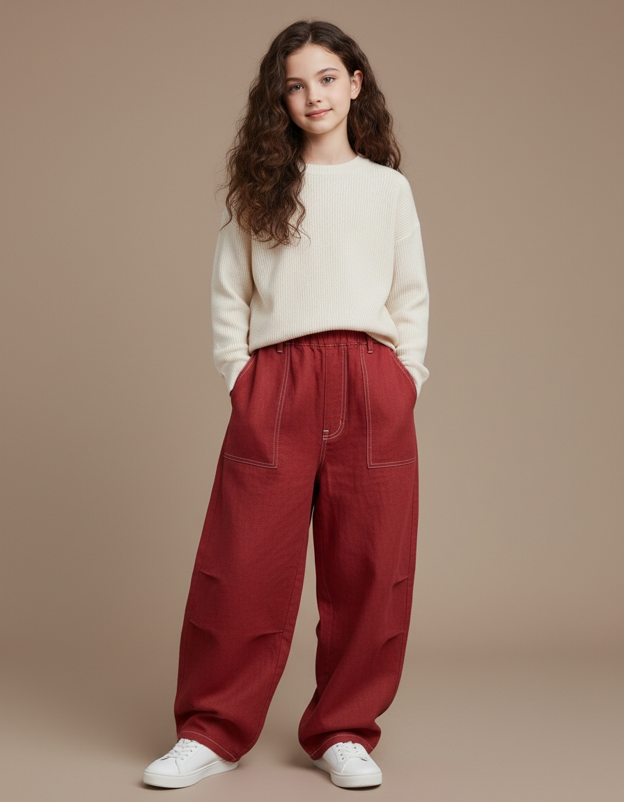 Pantalon Baggy Rouge Ample Coton Enfant - Bordeaux