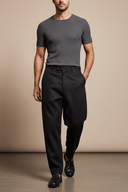 Pantalon Baggy Noir Ample Droit Élégant Homme - Laine