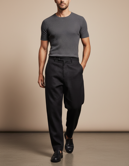 Pantalon Baggy Noir Ample Droit Élégant Homme - Laine