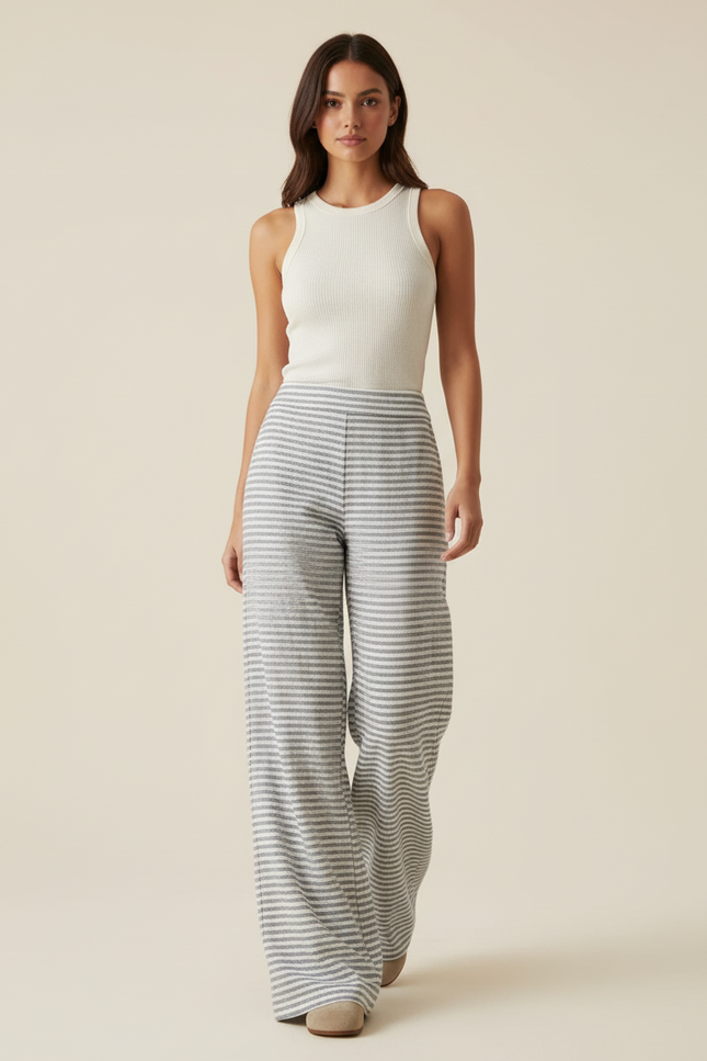 Pantalon Baggy Rayé Gris Ample Fluide Confortable - Maille