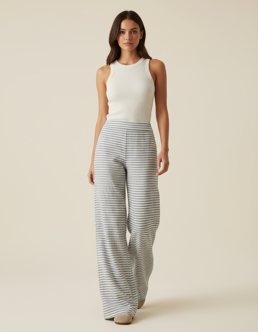 Pantalon Baggy Rayé Gris Ample Fluide Confortable - Maille