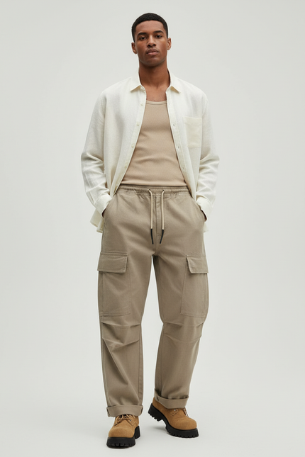 Pantalon Baggy Cargo Beige Coton Ample Décontracté Homme