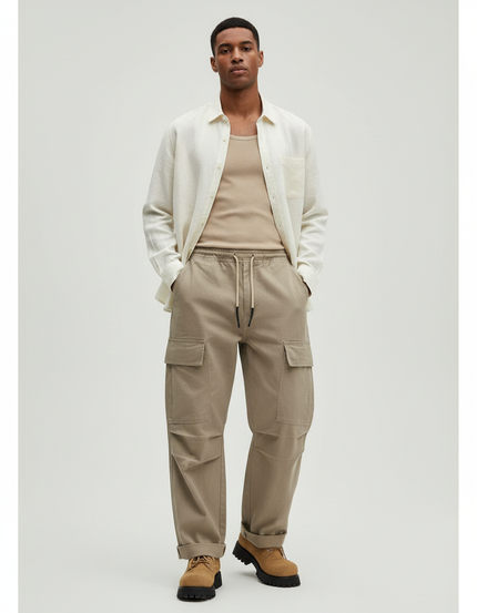 Pantalon Baggy Cargo Beige Coton Ample Décontracté Homme
