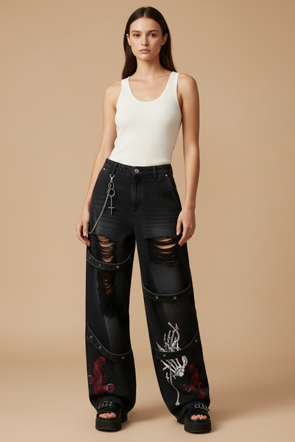 Pantalon Baggy Noir Détruit Imprimé Squelette Chaîne - Jean