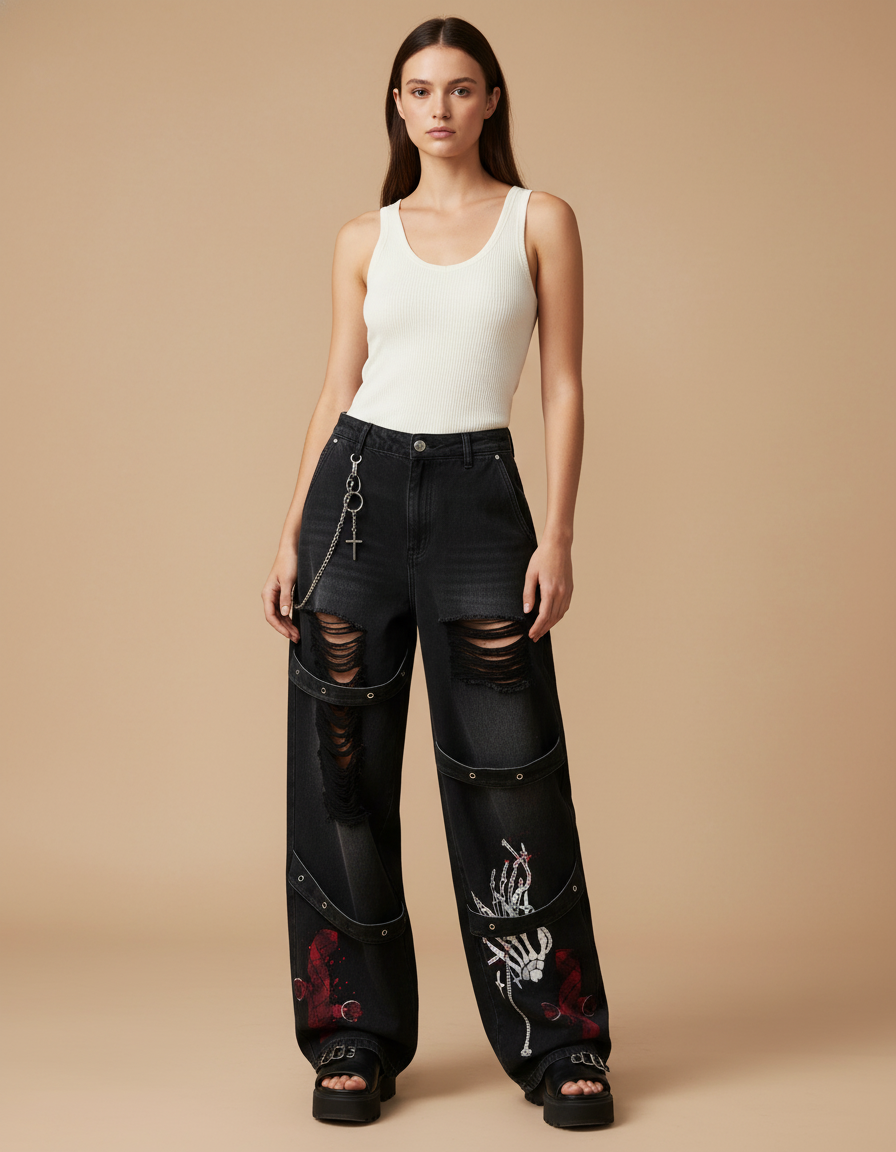 Pantalon Baggy Noir Détruit Imprimé Squelette Chaîne - Jean