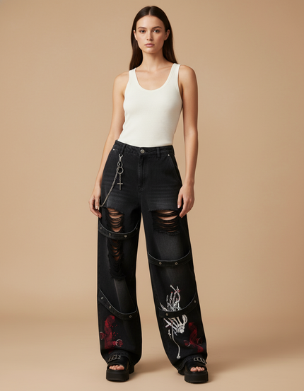 Pantalon Baggy Noir Détruit Imprimé Squelette Chaîne - Jean