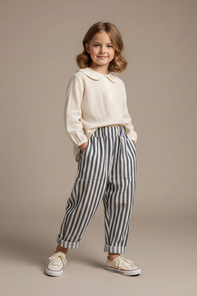 Pantalon Baggy Rayé Bleu Blanc Ample Enfant - Marine Lin