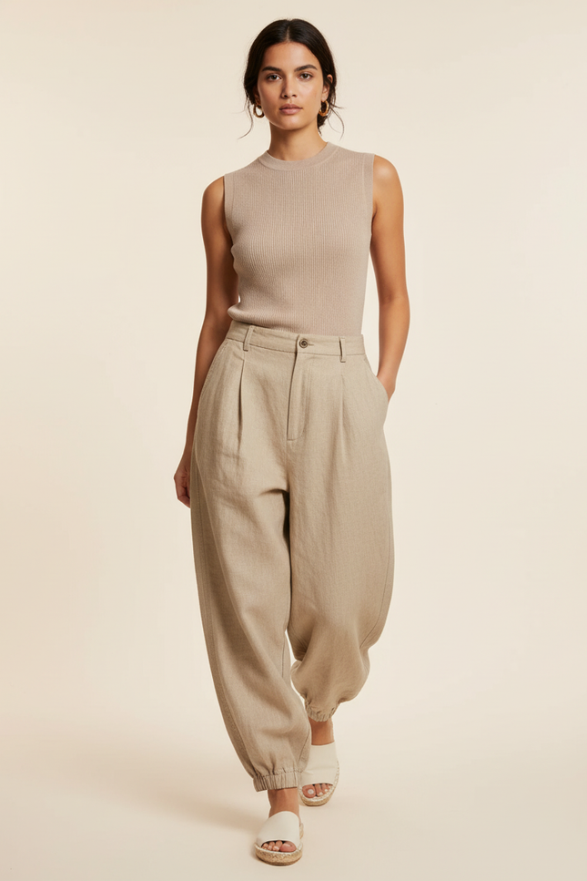 Pantalon Baggy Beige Lin Ample Plissé Confortable