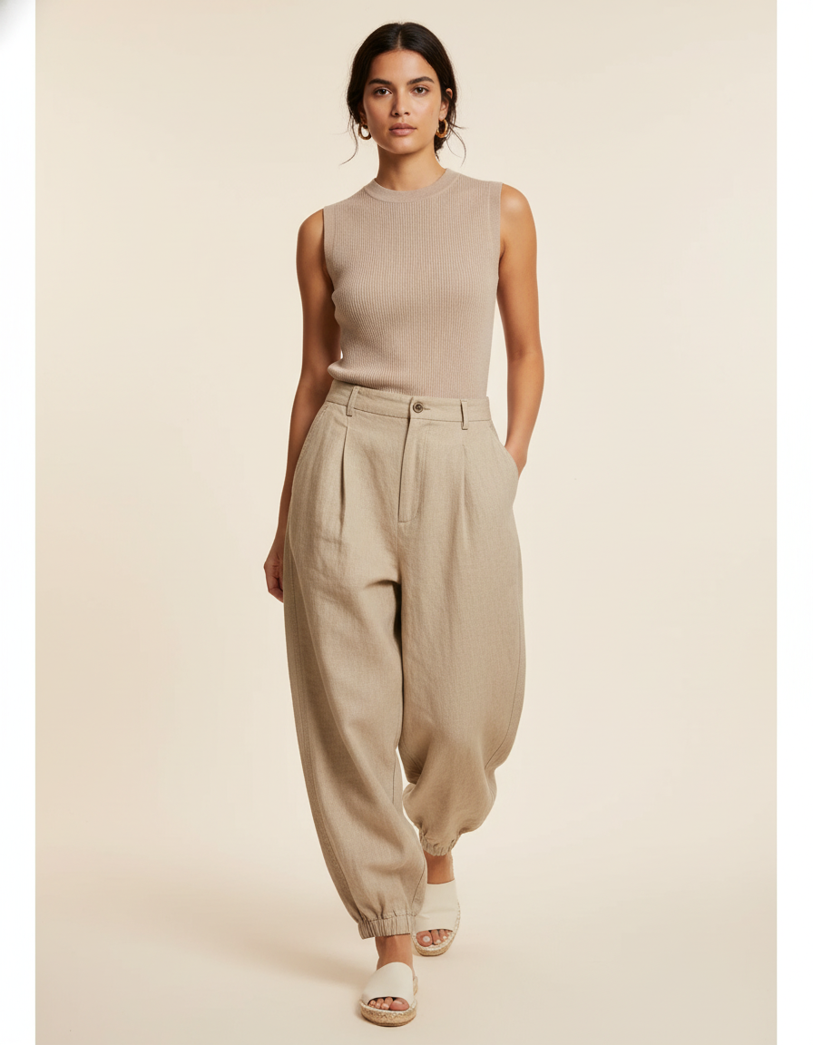 Pantalon Baggy Beige Lin Ample Plissé Confortable