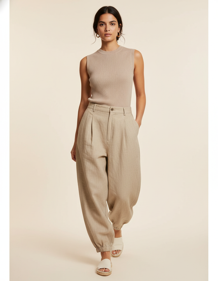 Pantalon Baggy Beige Lin Ample Plissé Confortable