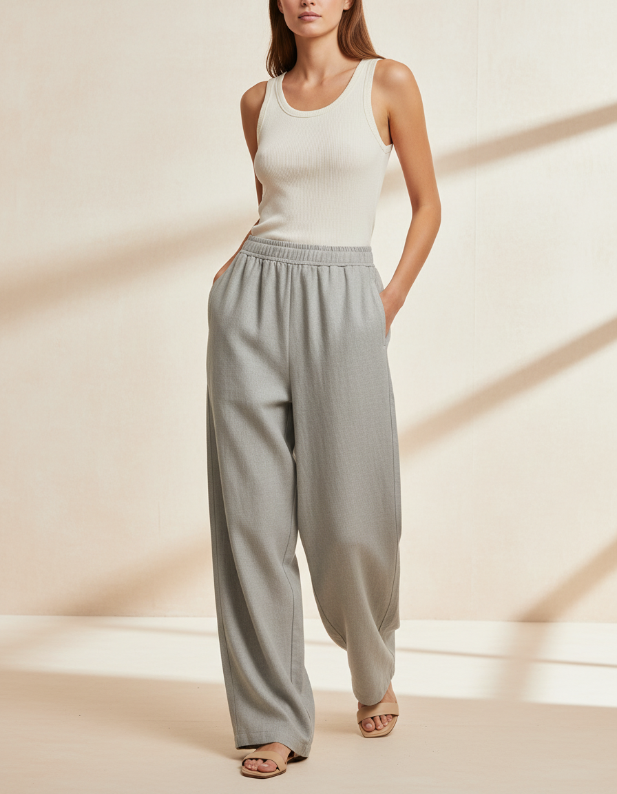Pantalon Baggy Gris Clair Ample Fluide Décontracté - Laine