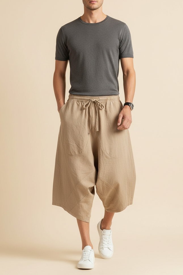 Pantalon Baggy Beige Lin Ample Décontracté Homme Cordon