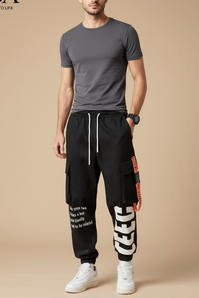 Pantalon Baggy Noir Cargo Imprimé Cordon Homme - Molleton
