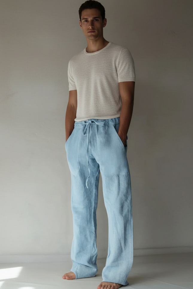 Pantalon Baggy Bleu Ciel Lin Ample Décontracté Homme