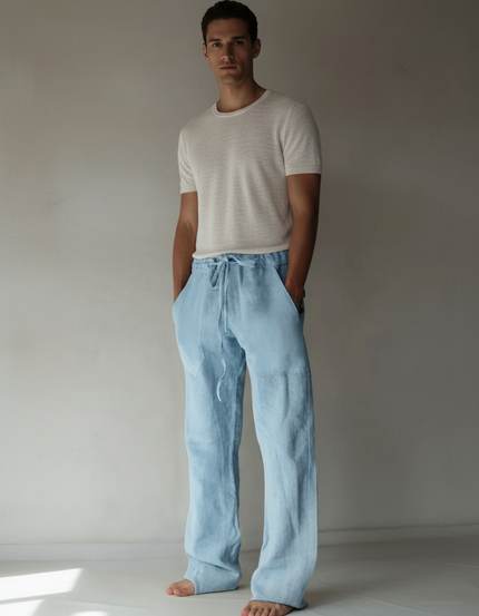 Pantalon Baggy Bleu Ciel Lin Ample Décontracté Homme