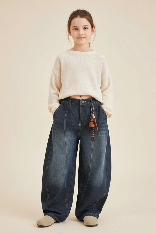 Pantalon Baggy Jean Ample Délavé Fille Décontracté - Bleu