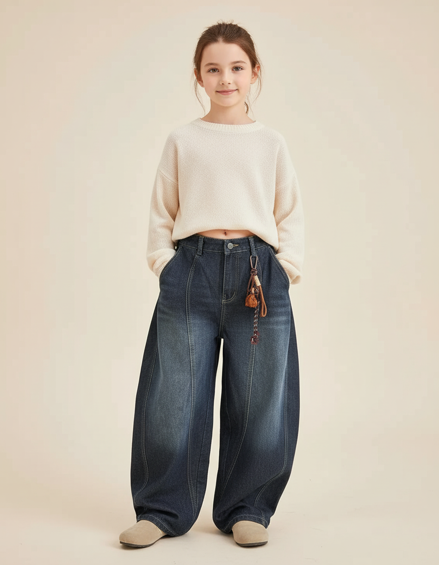 Pantalon Baggy Jean Ample Délavé Fille Décontracté - Bleu