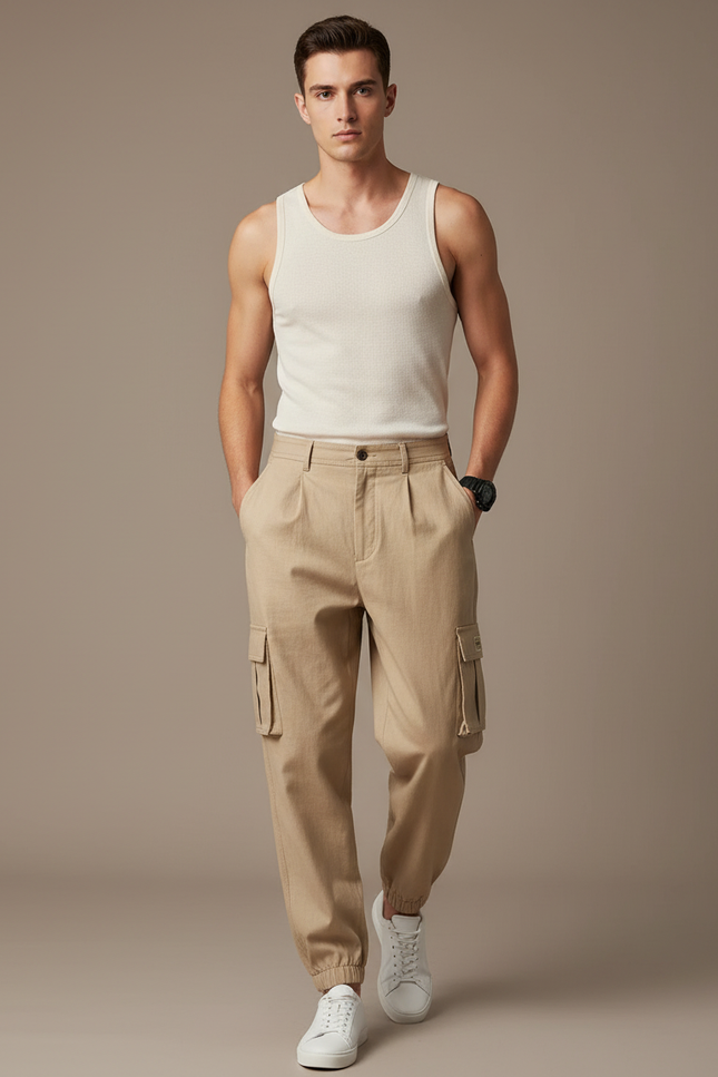 Pantalon Baggy Beige Cargo Coton Ample Homme