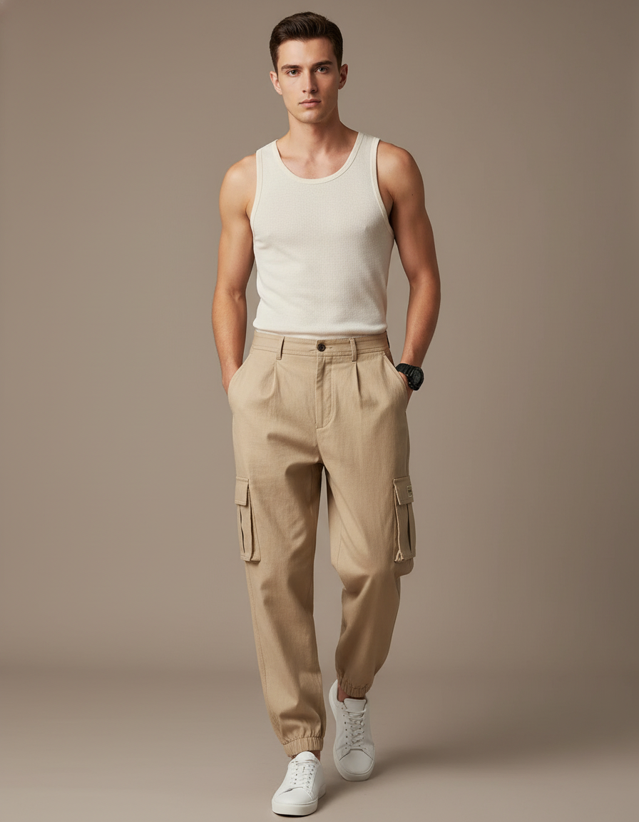 Pantalon Baggy Beige Cargo Coton Ample Homme