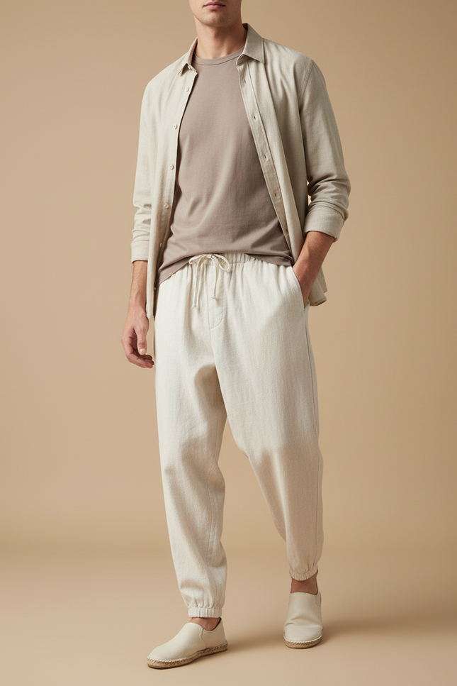 Pantalon Baggy Lin Beige Ample Cordon Homme
