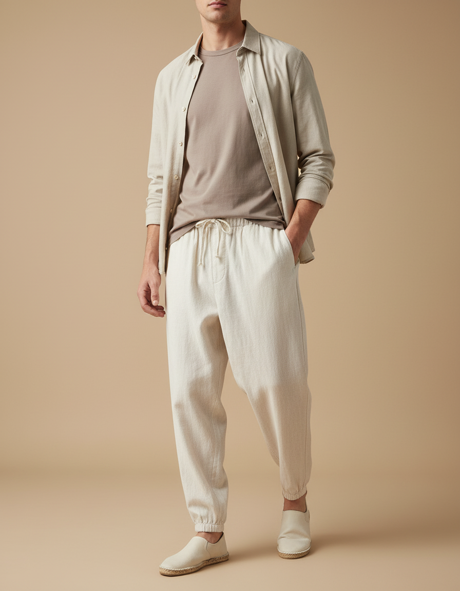 Pantalon Baggy Lin Beige Ample Cordon Homme