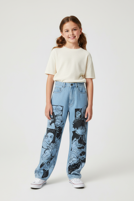 Pantalon Baggy Denim Clair Imprimé Manga Décontracté Unisexe - Jean