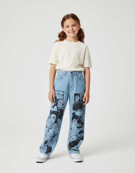 Pantalon Baggy Denim Clair Imprimé Manga Décontracté Unisexe - Jean