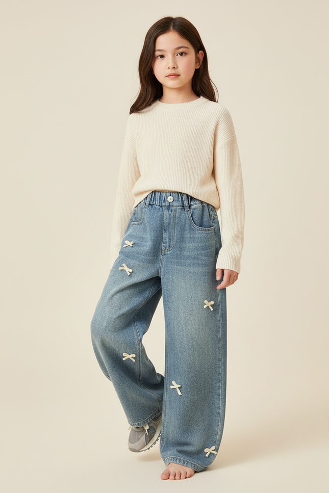 Pantalon Baggy Jean Bleu Ample Nœuds Fille
