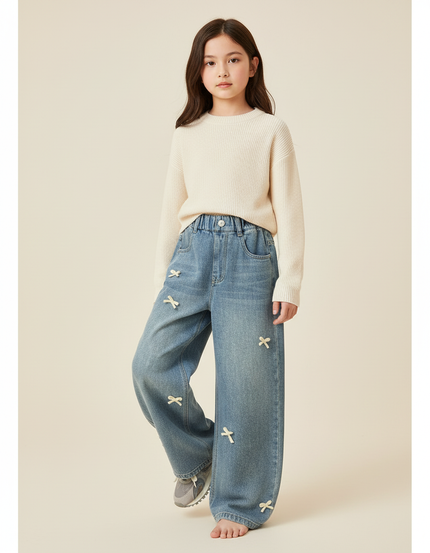 Pantalon Baggy Jean Bleu Ample Nœuds Fille