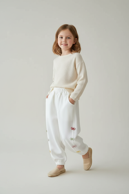 Pantalon Baggy Blanc Brodé Papillons Coton Ample Enfant - Molleton