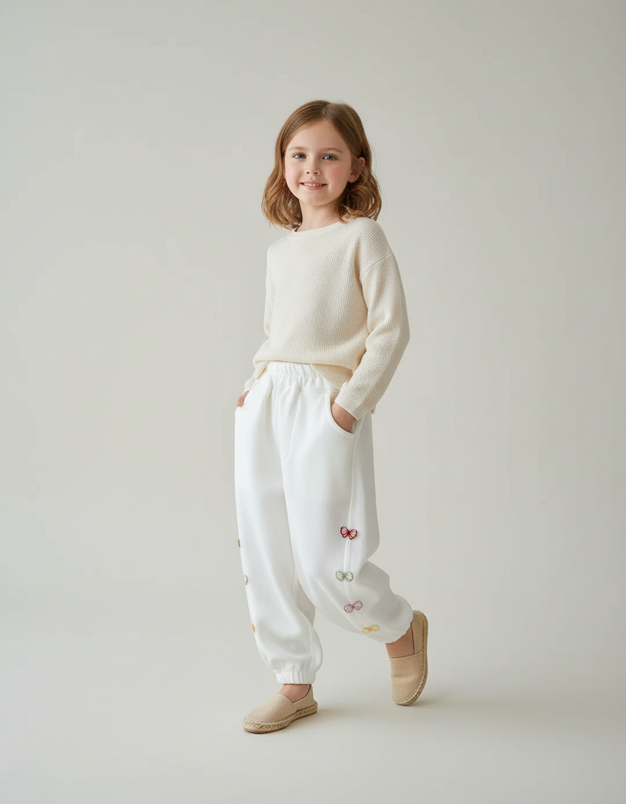 Pantalon Baggy Blanc Brodé Papillons Coton Ample Enfant - Molleton