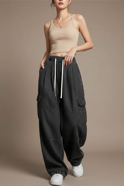 Pantalon Baggy Gris Délavé Ample Cordon Femme - Jean