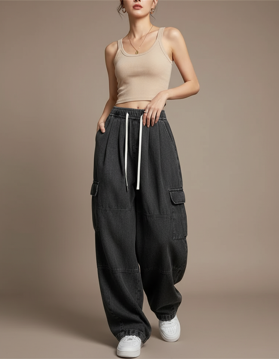Pantalon Baggy Gris Délavé Ample Cordon Femme - Jean