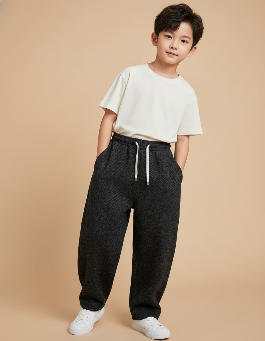 Pantalon Baggy Noir Texturé Ample Décontracté Enfant - Molleton
