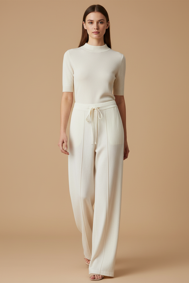 Pantalon Baggy Crème Tricoté Ample Décontracté Hiver - Beige Maille