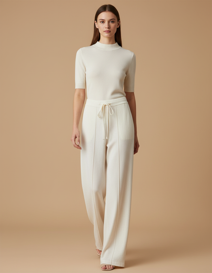 Pantalon Baggy Crème Tricoté Ample Décontracté Hiver - Beige Maille