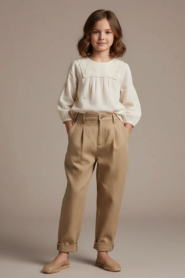 Pantalon Baggy Beige Coton Ample Décontracté Fille