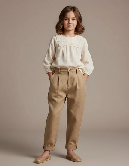 Pantalon Baggy Beige Coton Ample Décontracté Fille