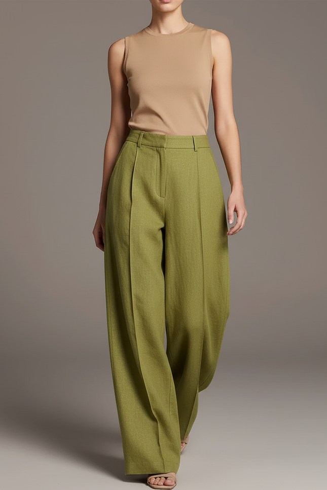 Pantalon Baggy Vert Ample Plissé Décontracté Élégant - Kaki Laine