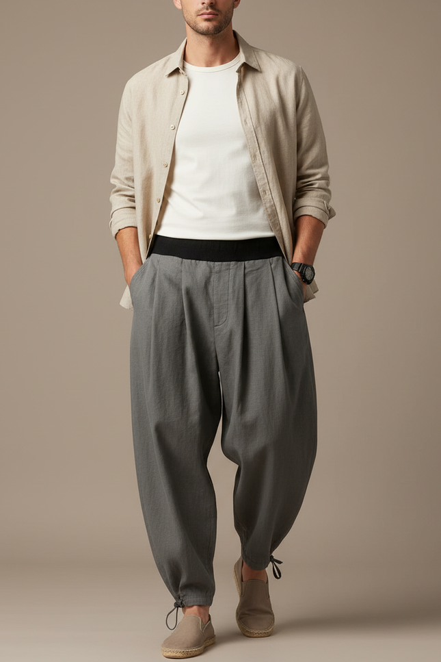 Pantalon Baggy Gris Plissé Ample Coton Homme