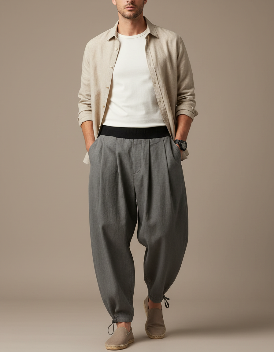 Pantalon Baggy Gris Plissé Ample Coton Homme