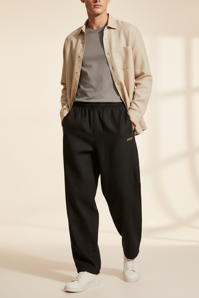 Pantalon Baggy Noir Lin Décontracté Ample Homme