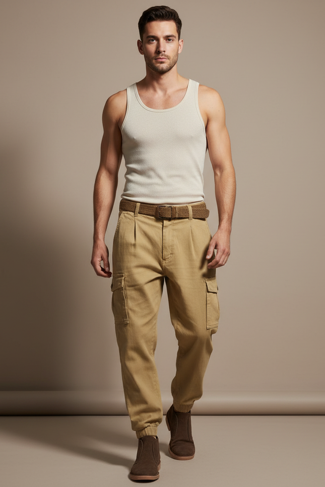 Pantalon Baggy Beige Cargo Coton Décontracté Homme - Kaki