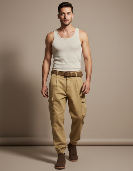 Pantalon Baggy Beige Cargo Coton Décontracté Homme - Kaki