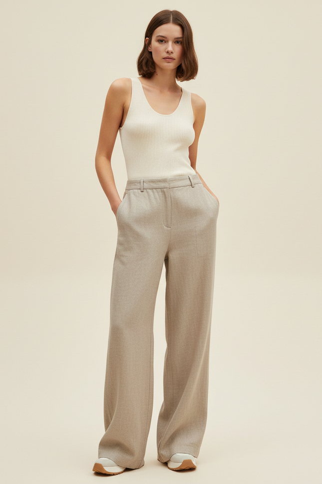 Pantalon Baggy Beige Laine Ample Taille Haute Élégant